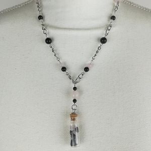 Obsidian & Rose Quartz healing necklace Unique design raw stones in bottle